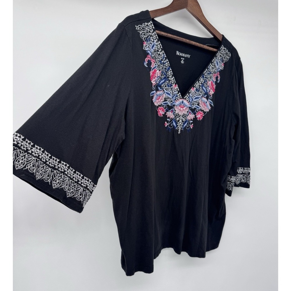 Roaman's Embroidered blouse boho 3/4th sleeve festival stretch soft plus cottage